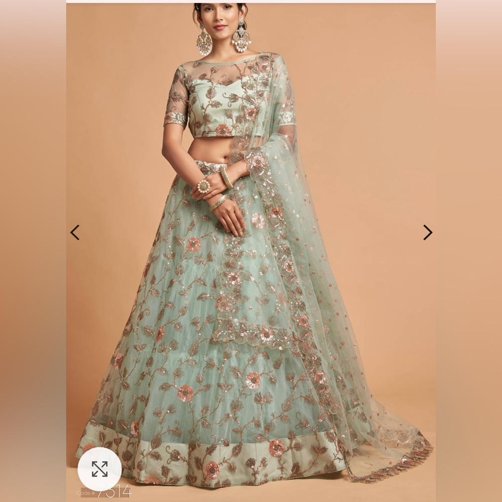 Aqua and pink two piece Indian party wear lehenga with scarf/dupatta